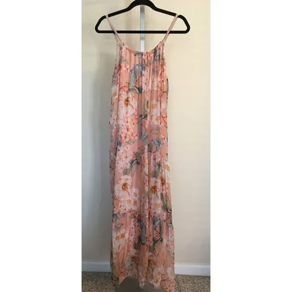 Elena Baldi Maxi Dress Blush Silk Blend Summer Floral Brunch Braided Straps XL - Picture 13 of 13